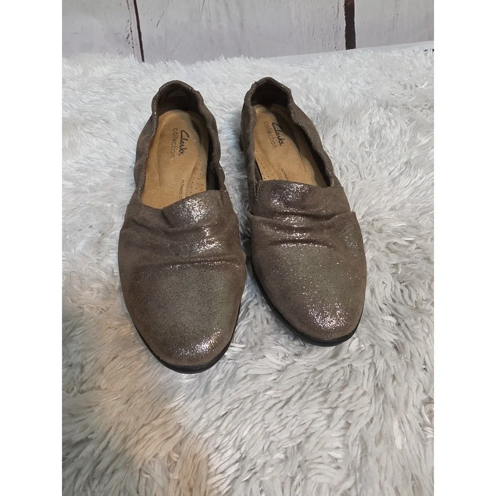 Clarks Collection Metallic Ruched Loafers Taupe Pewter Flats Womens 9.5 M 13288
